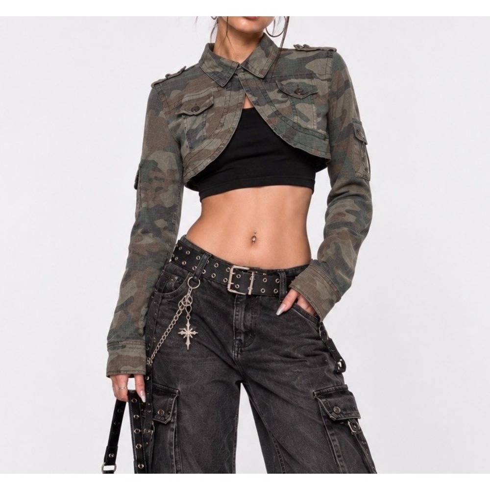 Younique Womens XL Camo Cropped Jacket Y2K Military Utility Bolero Grunge
